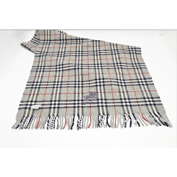 Burberry Scarf Muffler Gray Check Navy and Red Women Men Authentic Wool - Picture 4 of 8